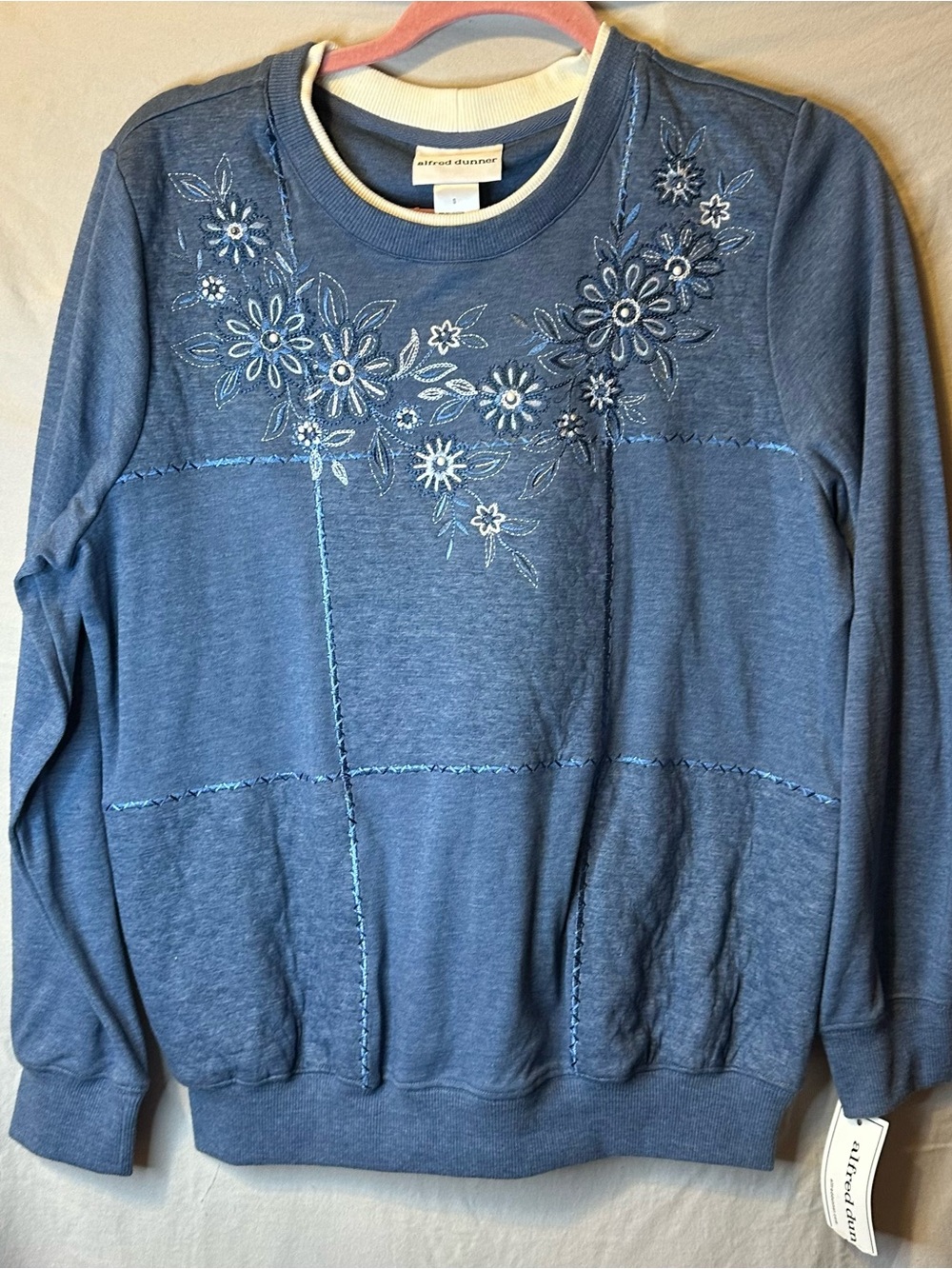 Alfred Dunner Denim Blue Floral Embroidered Crewneck Sweater NWT Size S